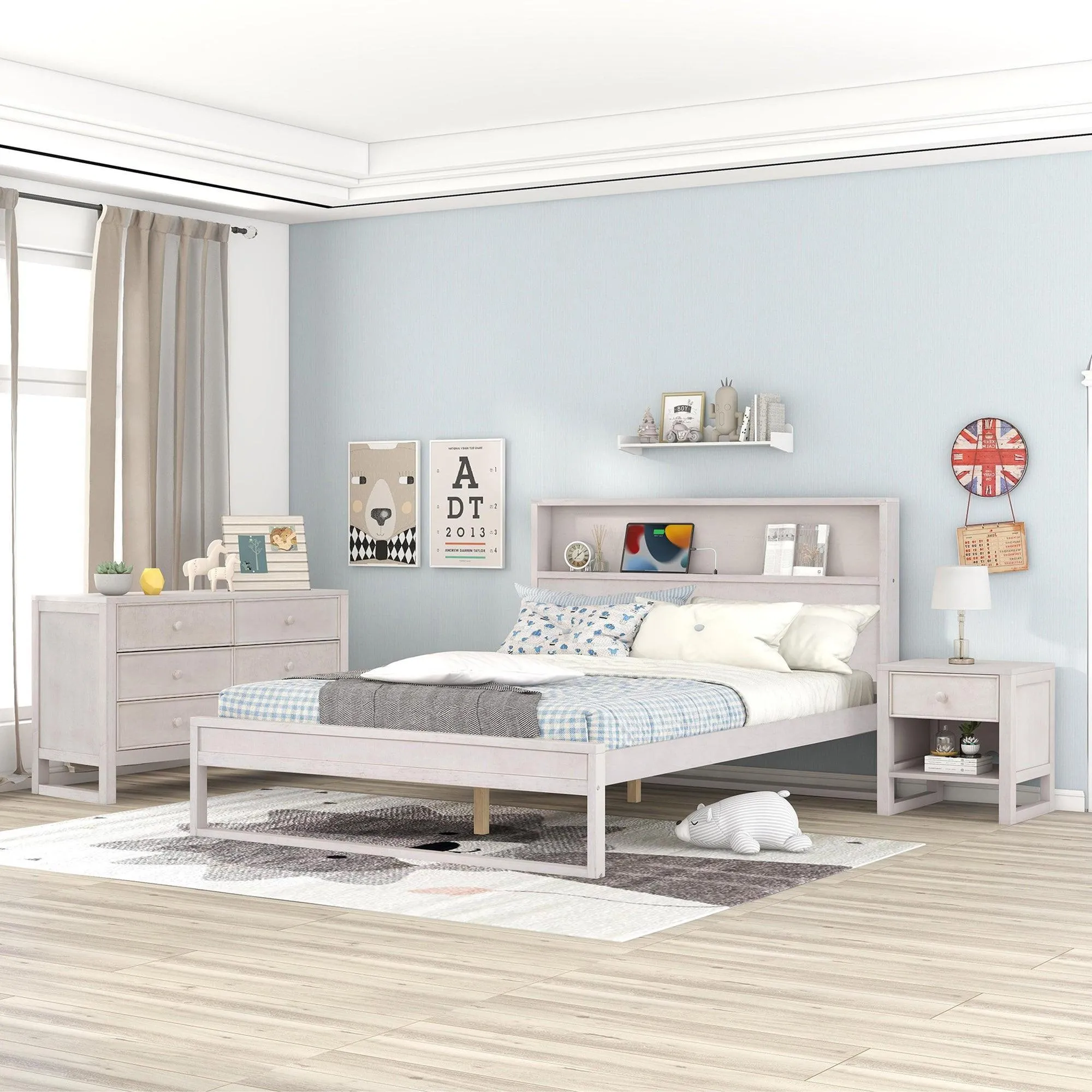 3-Pieces Bedroom Sets Queen Size Platform Bed with Nightstand and Dresser,Antique White
