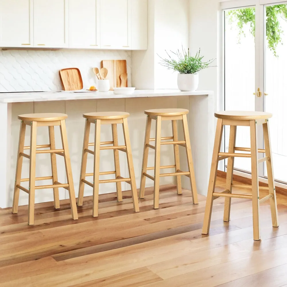 4x Bar Stools | Round Chairs | Wooden | Natural Finish