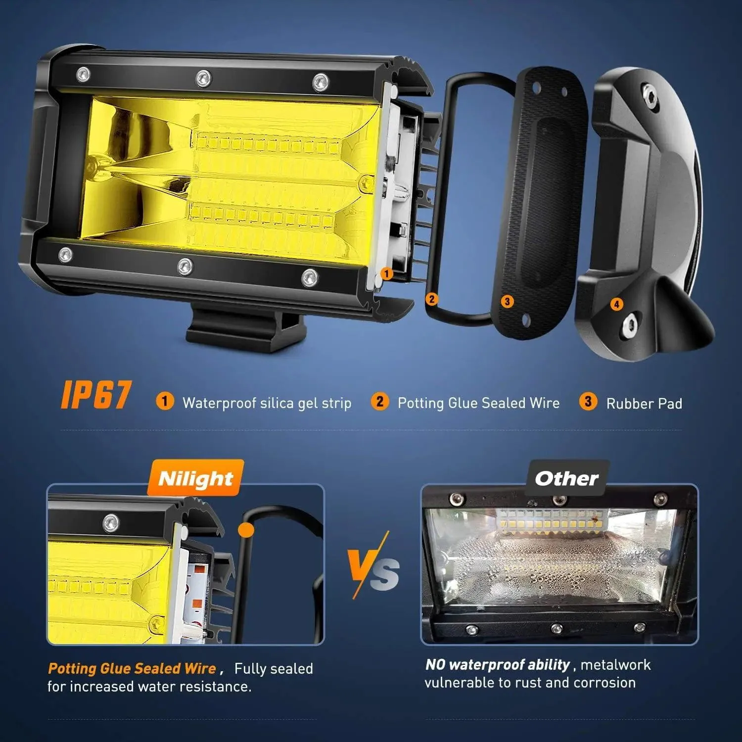 5.2 Inch 72W 10800LM Amber Double Row Flood Led Light Bars (Pair)